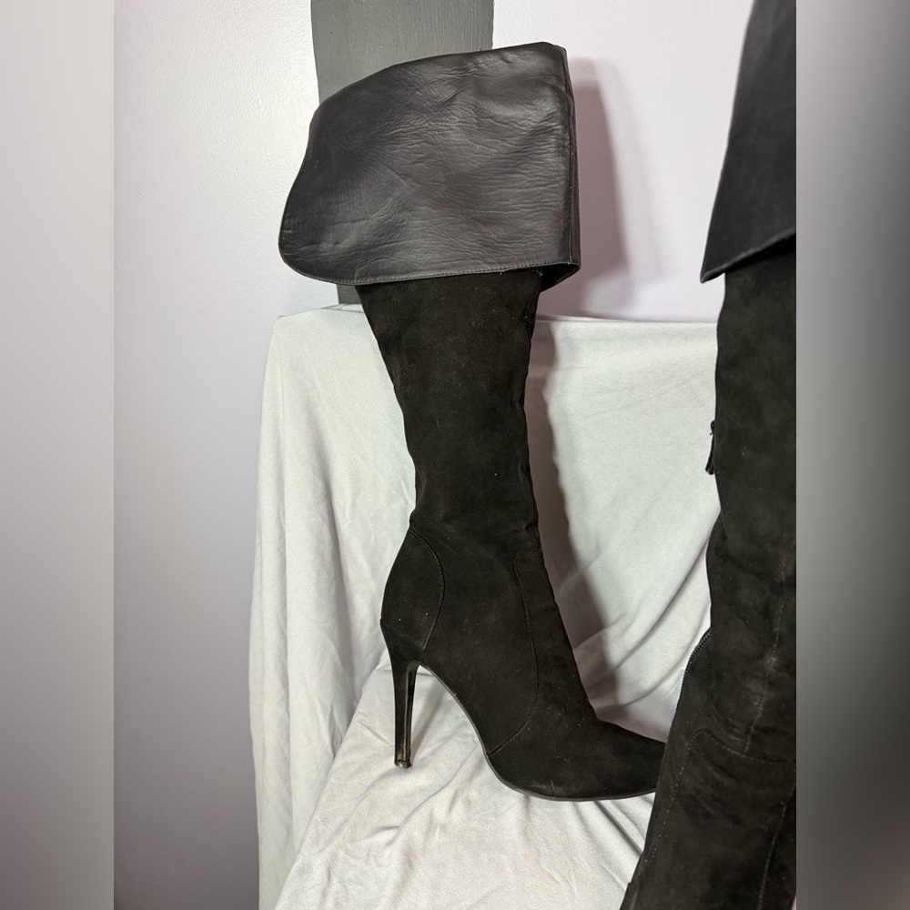 Aliz Black Over-the-Knee Stiletto Boots | Fold-Over Cuff | Statement Thigh High - Picture 4 of 7